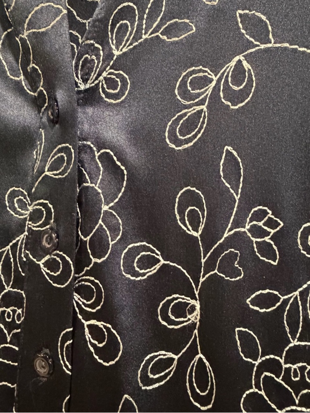 bebe Amanda Navy Floral Embroidered Stretch Silk Button-Down Shirt - Picture 3 of 11